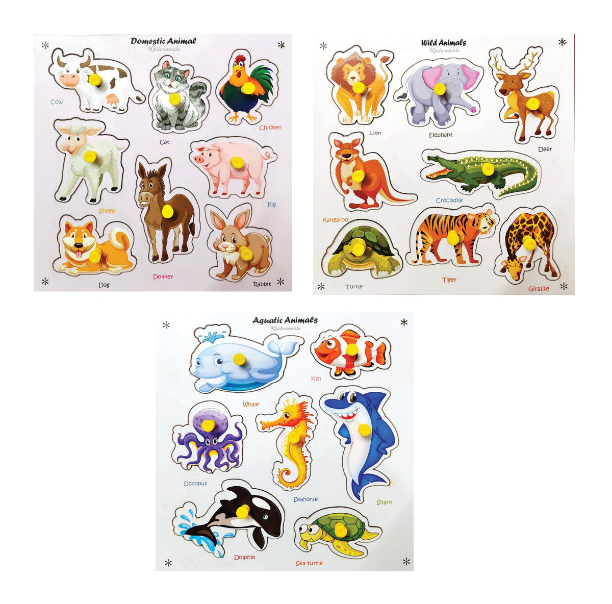 Set Of Aquatic, Domestic & Wild Animals Educational Learning Puzzle Wooden Boards For Kids