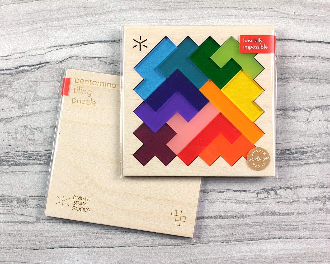 Bright Beam Goods Rainbow Pentomino Puzzle - Birch & Acrylic, Colorful Brain Teaser for All Ages