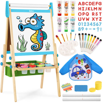 Belleur All-In-One Art Easel For Kids With 2 Paper Rolls & Deluxe Accessories, Adjustable Magnetic Double Sided Whiteboard & Chalkboard, Painting Kid Easel For Toddlers 2-8, Ideal Christmas Gift