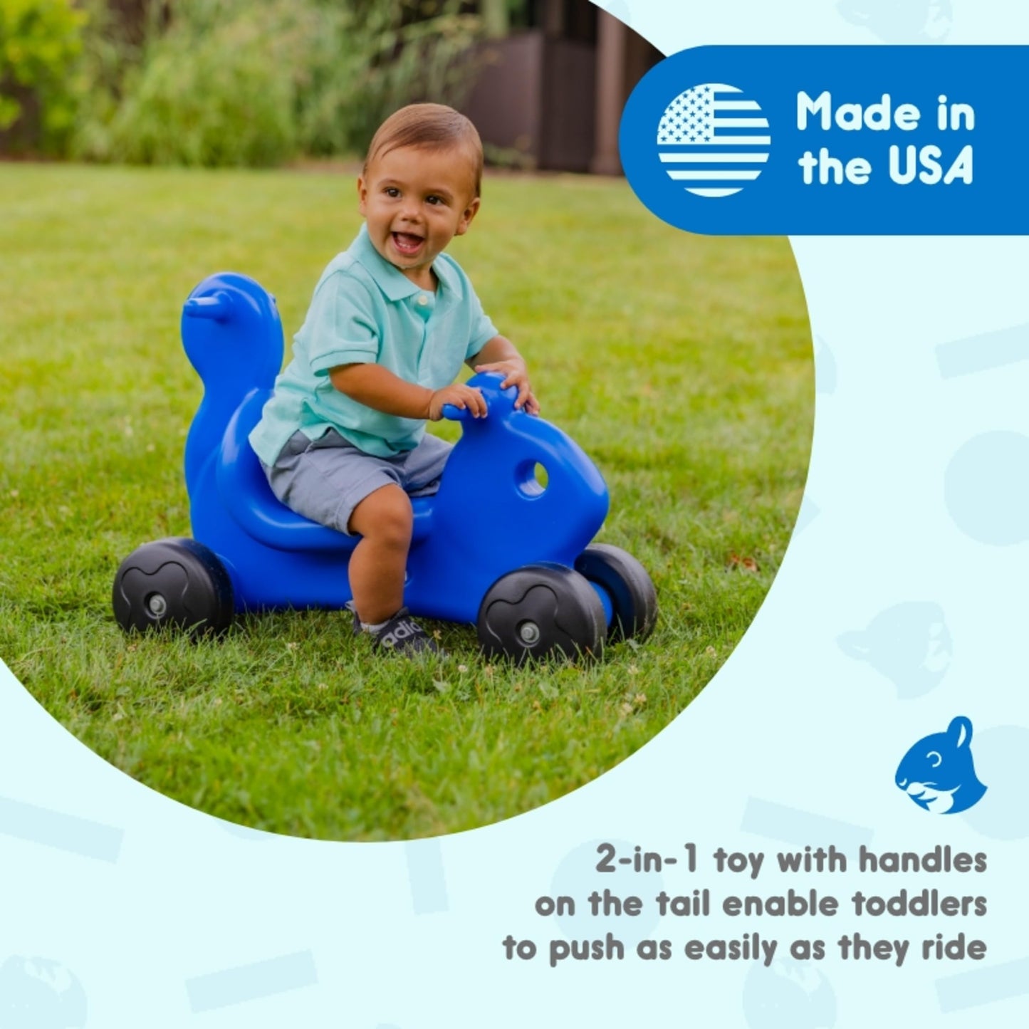 Careplay 2-in-1 Squirrel Push & Ride-on Toy, Indoor & Outdoor Use, Low Profile Seat, Recommended for Children up to 50lbs, Durab