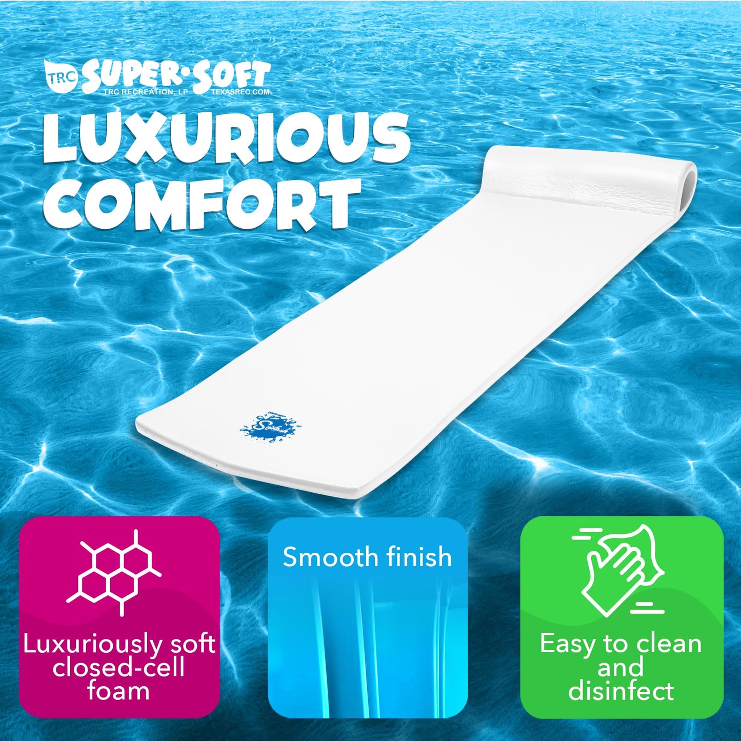 TRC Recreation Splash 1.25 Inch Thick Foam Outdoor Swimming Pool Float Mat Large mature-themed Lounger with Built-in Roll Pillow  White