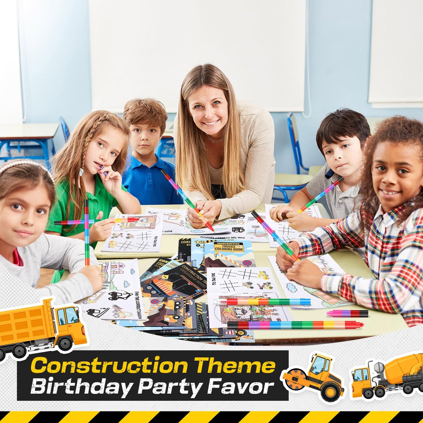 Motipuns 24 Set Valentines Day Exchange Classroom Gifts, 24 Construction Trucks Coloring Book with 24 Stacking Crayons for Stud