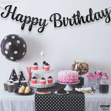 Katchon, Cursive Glitter Black Happy Birthday Banner - Pre-Strung, 10 Feet, No Diy | Black Birthday Party Decorations | Black Happy Birthday Sign Girls, Black Happy Birthday Decorations For Women