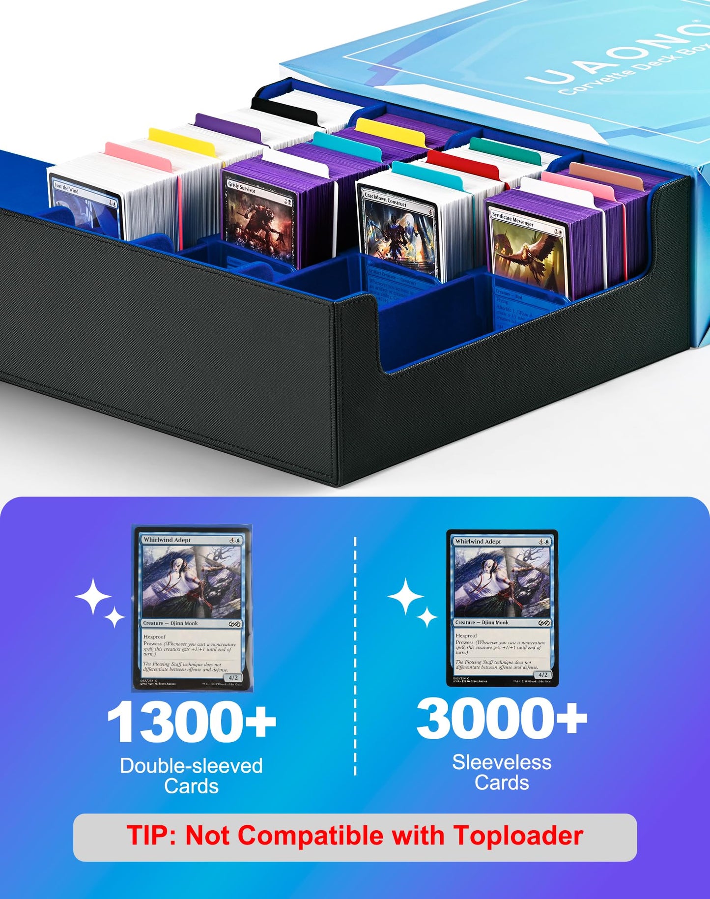Uaono Card Storage Box For Trading Cards, 2400+ Mtg Commander Deck Box With 24Pcs Colorful Divider, Card Case Fits For Magic Tcg Ptcg Game Cards(Black&Blue)