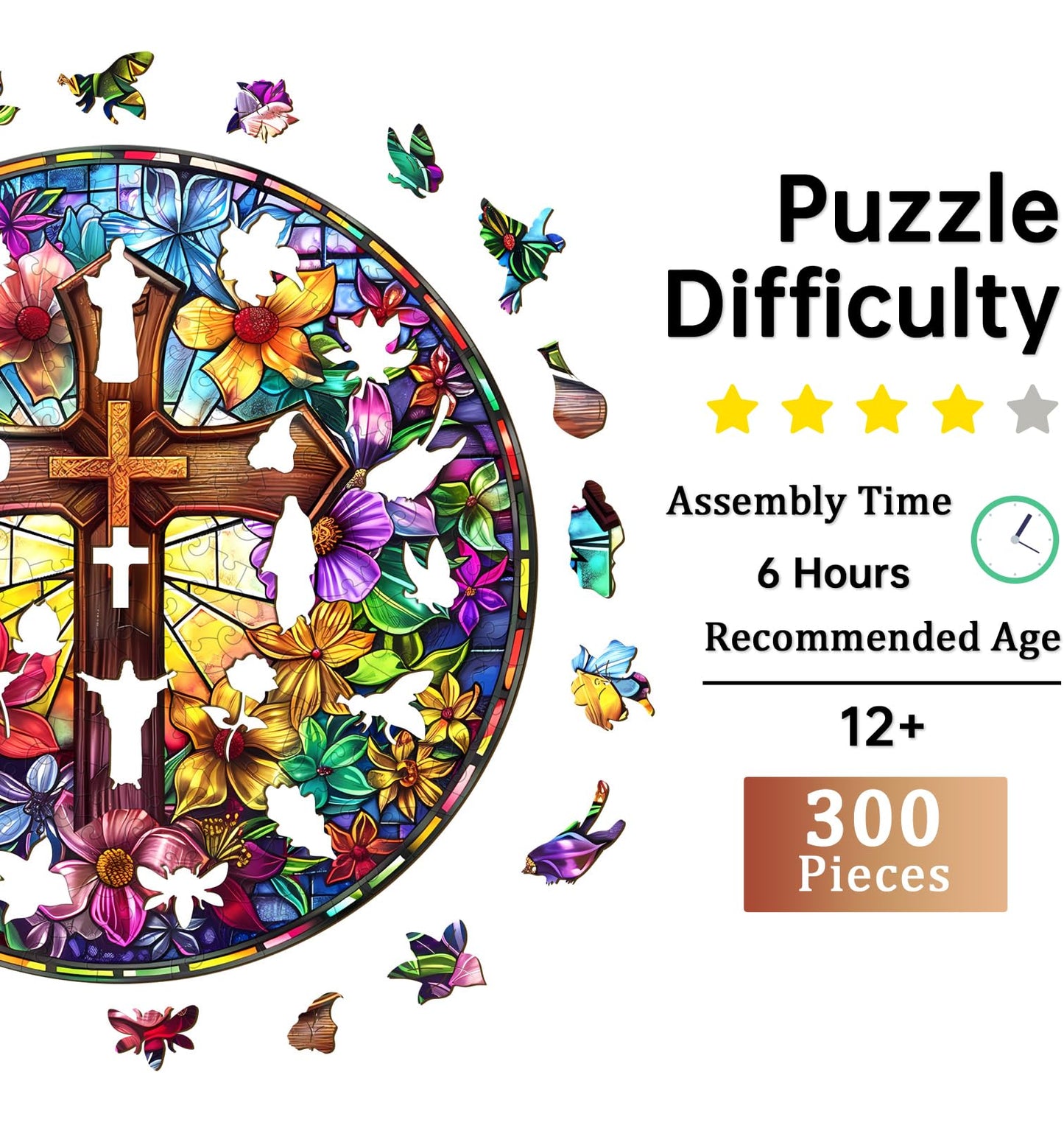 Jigfoxy Wooden Puzzles for mature-themeds  Stained Glass Cross Wood Puzzles mature-themed  Unique Animal Shape Wooden Jigsaw Puzzles for mature-themeds  Birthday Gifts for Puzzle Lovers  Family (L-13.4 * 13.4in-300pcs)