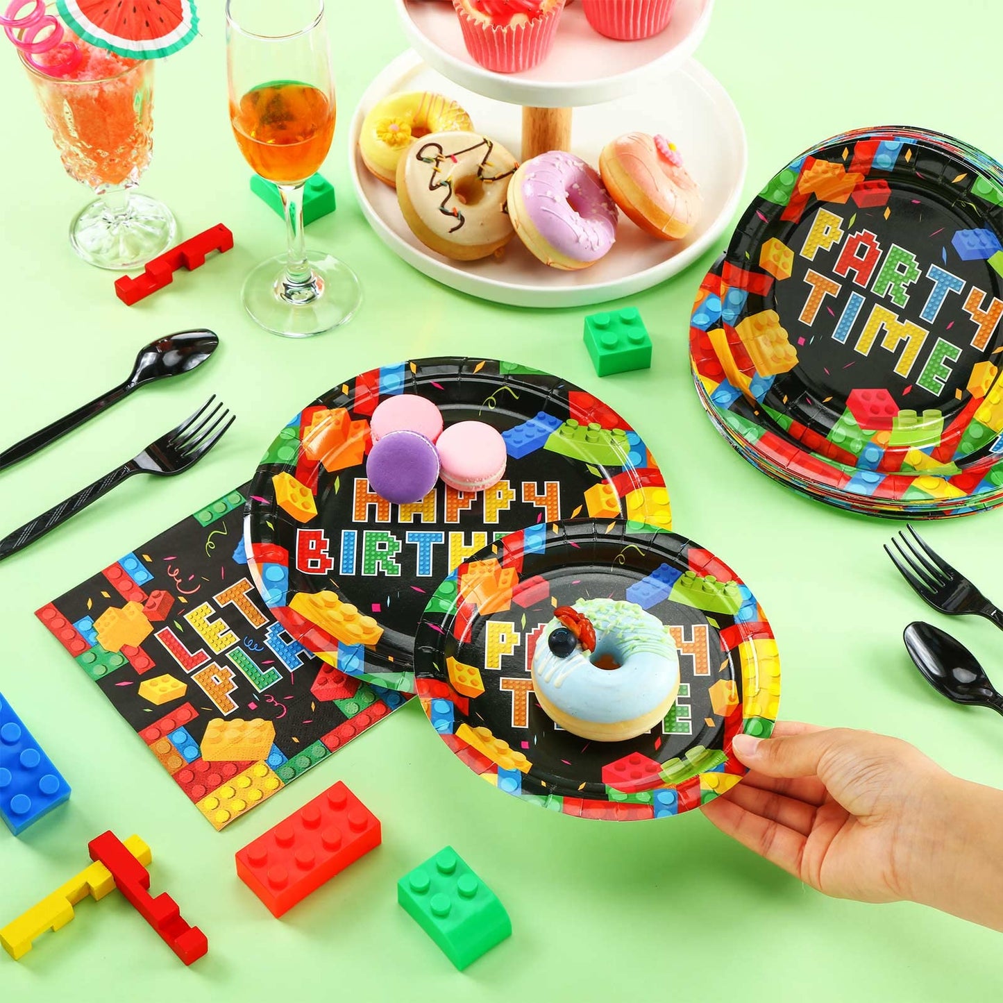 100 Pcs Building Block Party Supplies Building Block Party Plates Napkins Tableware Building Block Party Decoration Favor for Bu