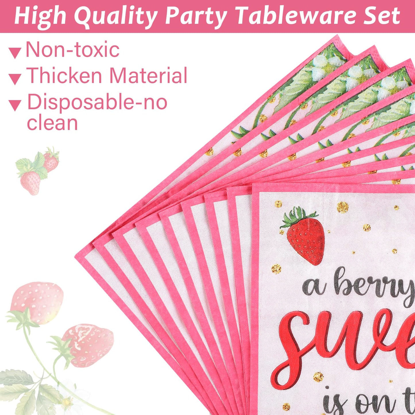 Gisgfim 96Pcs Strawberry Baby Shower Party Supplies Sweet Berry Paper Plates Napkins Summer Strawberry Birthday Tableware Set Fo