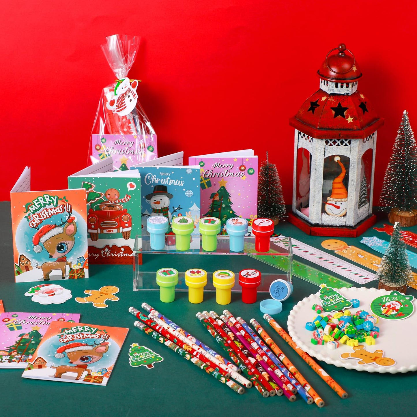 Zhanmai 350 Pcs Christmas School Stationery Gift Set for Kids Xmas Stationery Set for Stocking Stuffers 30 Pack with Notebook Pe