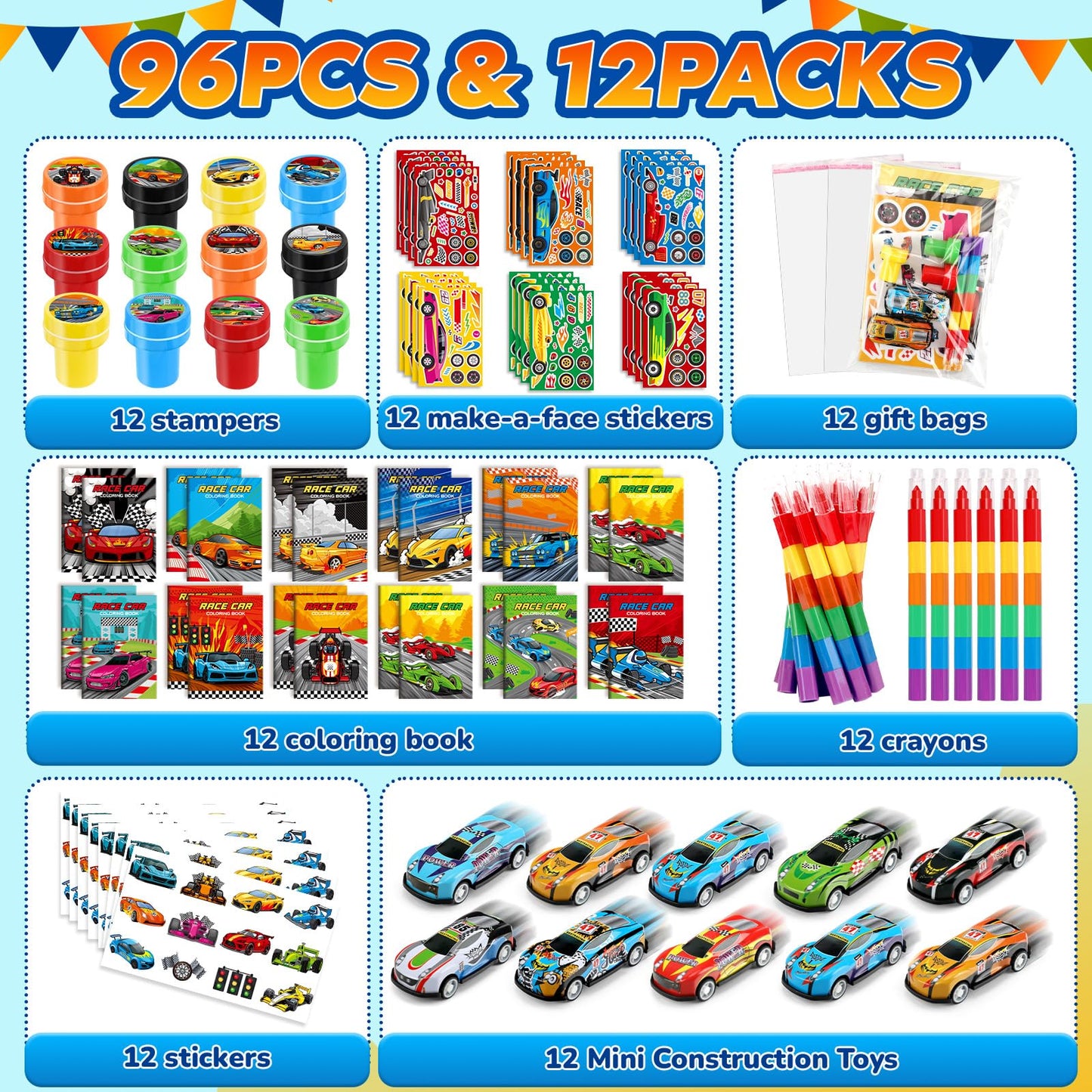 BenLouis 84Pcs Race Car Party Favors Racing Theme Coloring Books Crayons Sticker Set Bulk for Kids Fast Racecar Wheels Birthday