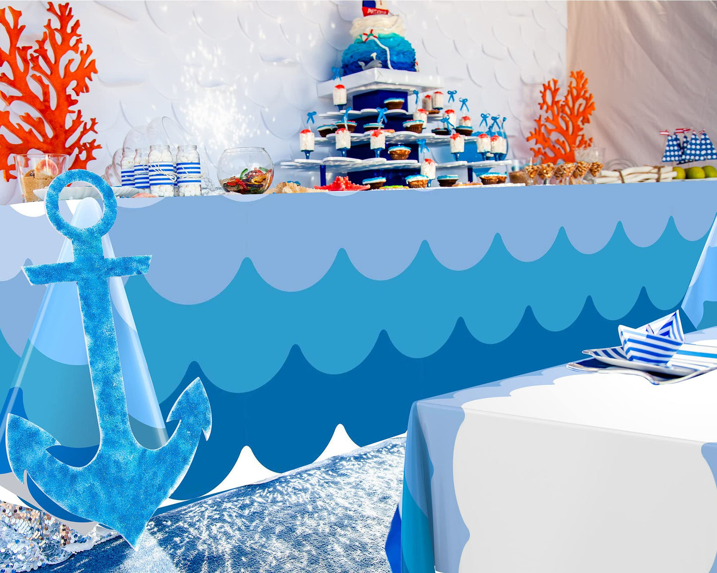 Irenare 3 Pcs Ocean Waves Theme Tablecloth Ocean 87 x 108 Inch Blue Rectangle Water Print Plastic Table Cover Sea Beach Mermaid