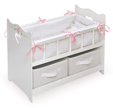 Badger Basket Wooden Doll Bed With Bed Liner, Pillows And Two Storage Baskets - Fits 18-Inch Dolls, White/Rose