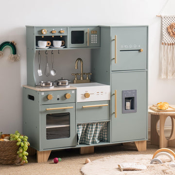 Robud Play Kitchen Set, Wooden Play Kitchen With Ice Maker, Fridge, Coffee Machine, Oven, Dishwasher, Microwave, Kitchen Accesso