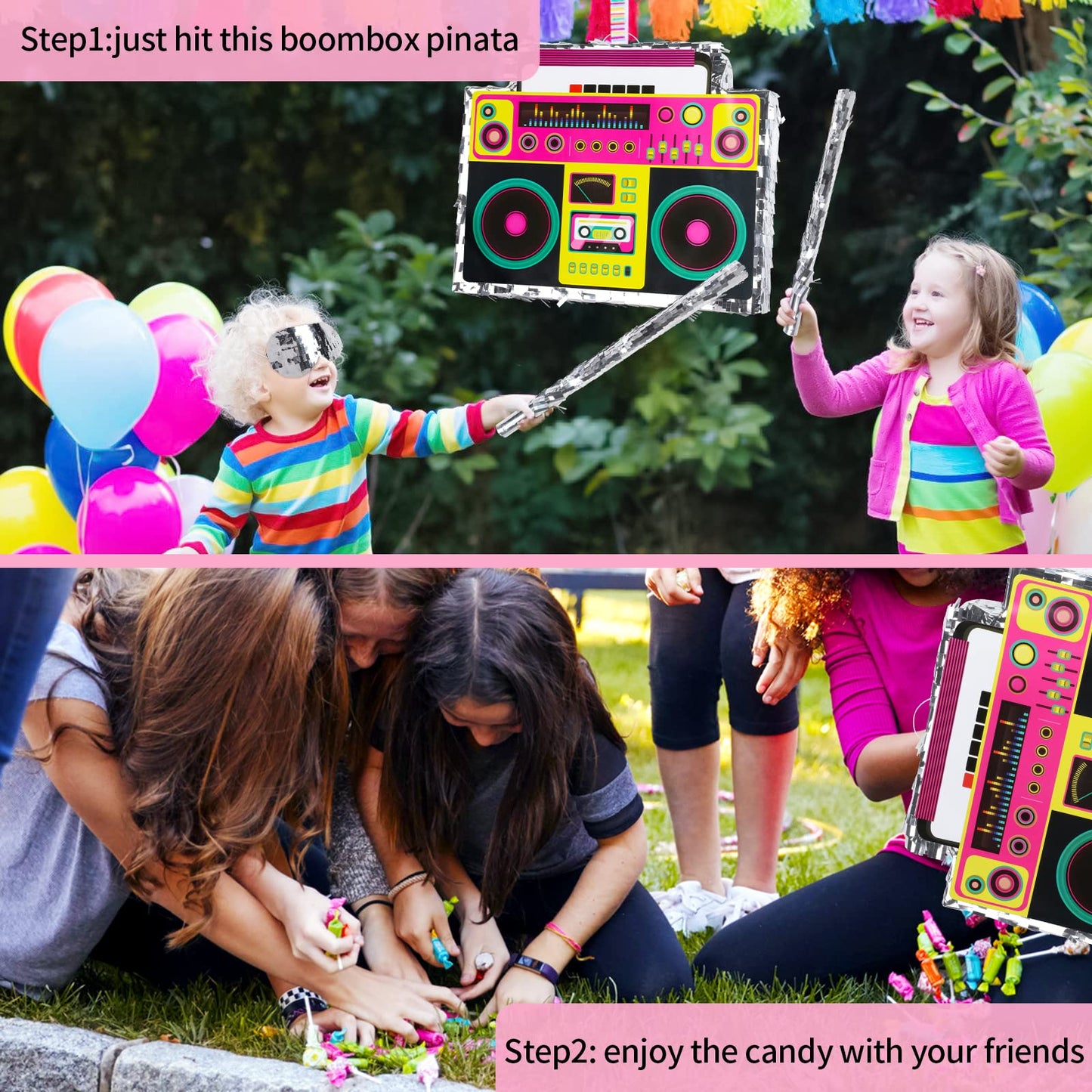 Hooqict Boombox Pinata - Retro 90s Theme Radio Music, Multicolored, Cardstock, Perfect for Birthday Party Games