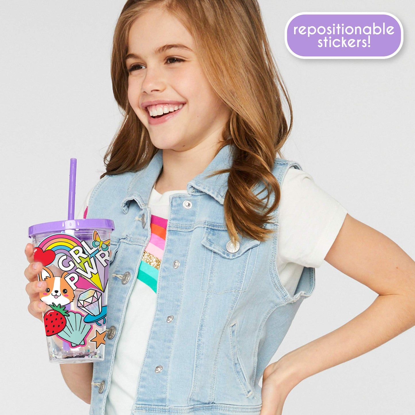 Just My Style DIY Sticker Tumbler, Style & Embellish Your Own BPA Free VSCO Glitter Water Tumbler, Reusable Stickers Included, G