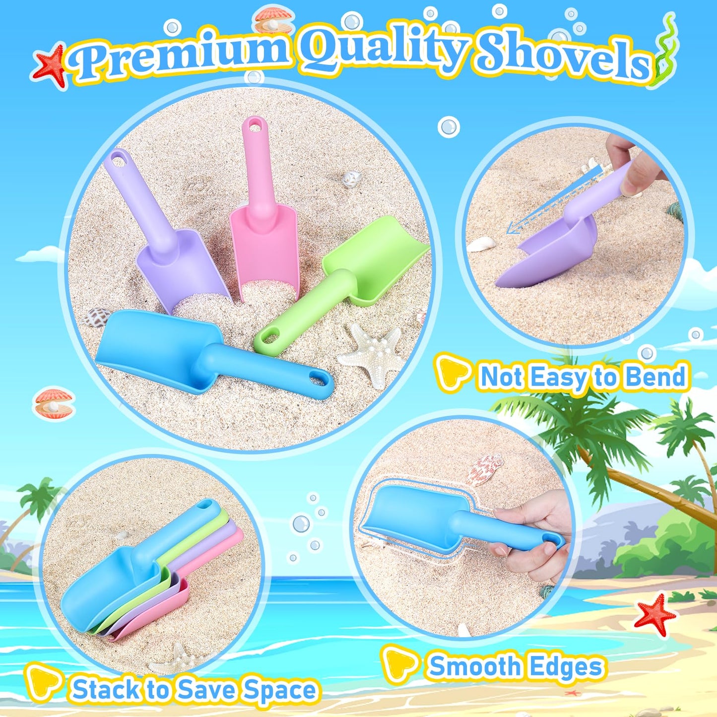 Collapsible Beach Buckets for Kids, 4 Packs Foldable Sand Buckets and Shovels with Mesh Beach Bag, Silicone Sand Pails for Toddl