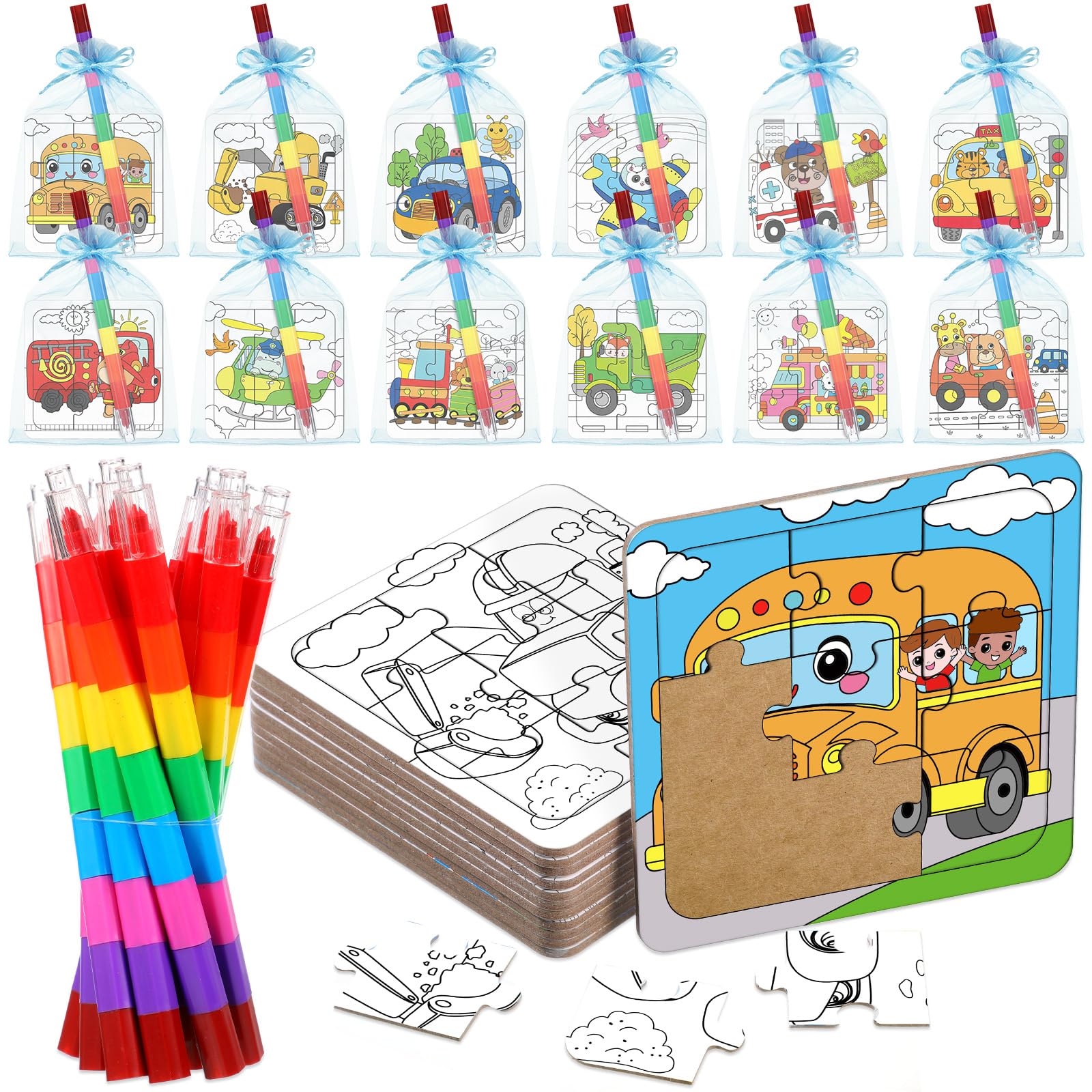 Fullhawl 12 Sets Transportation Puzzles Traffic Theme Color Your Own Puzzles DIY Construction Jigsaw Craft with 12 Stackable Crayons and 12 Bags for Construction Gifts Birthday Party Supplies(12  Car)