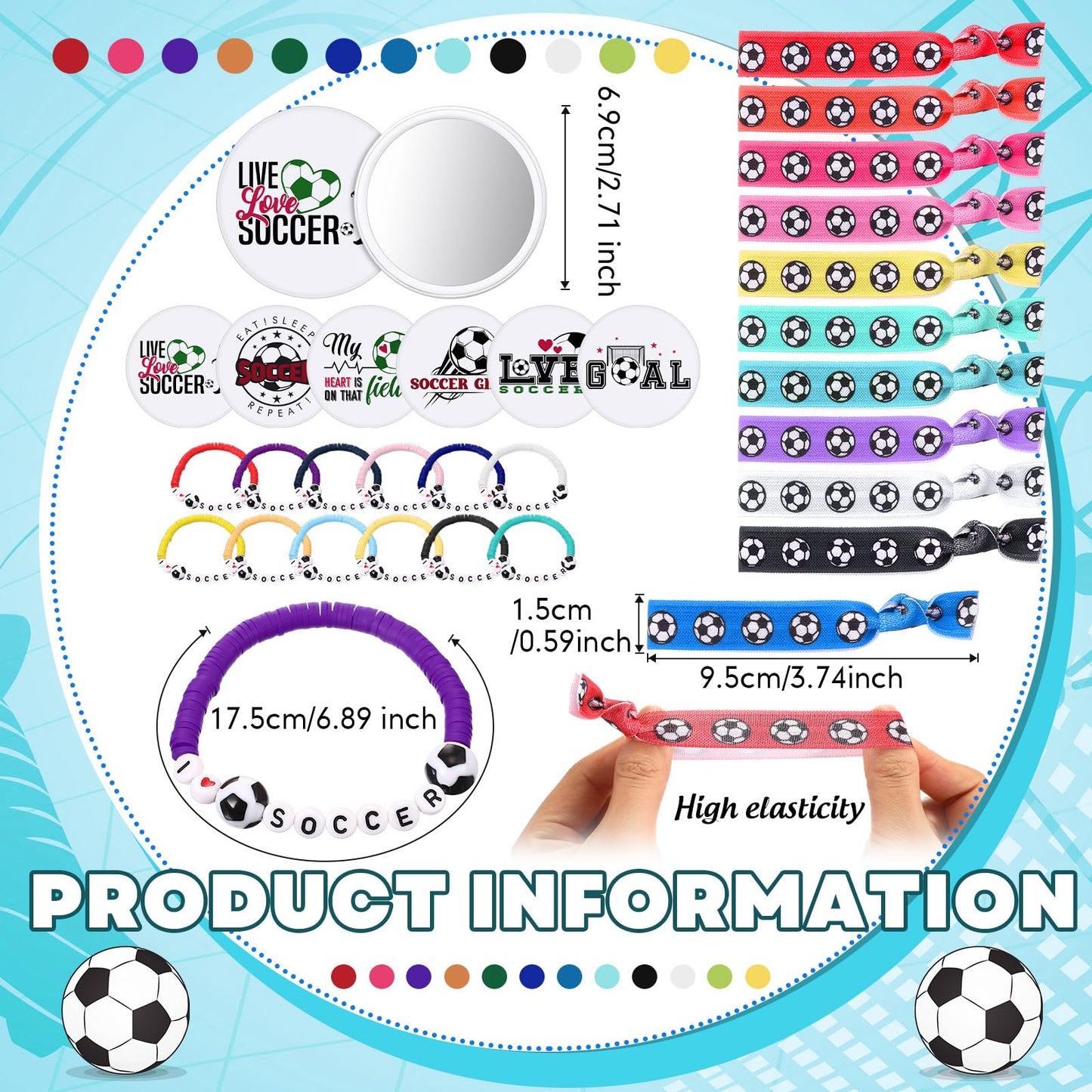 Baderke 72 Pcs Soccer Accessories Gifts Include 12 Make up Bags 12 Mirrors 12 Acrylic Keychains 12 Bracelet 12 Scrunchies 12 Hai
