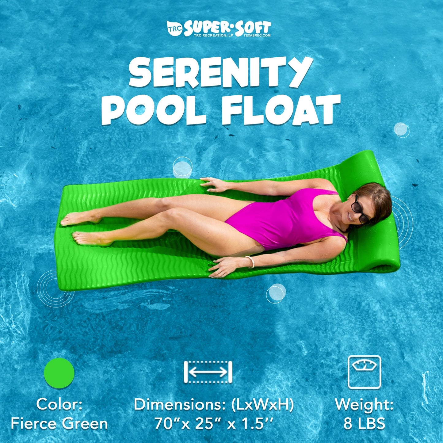 TRC Recreation Serenity 1.5  Thick Vinyl Coated Foam Swimming Pool Float Mat mature-themed Lounger with Built-in Roll Pillow  Fierce Green