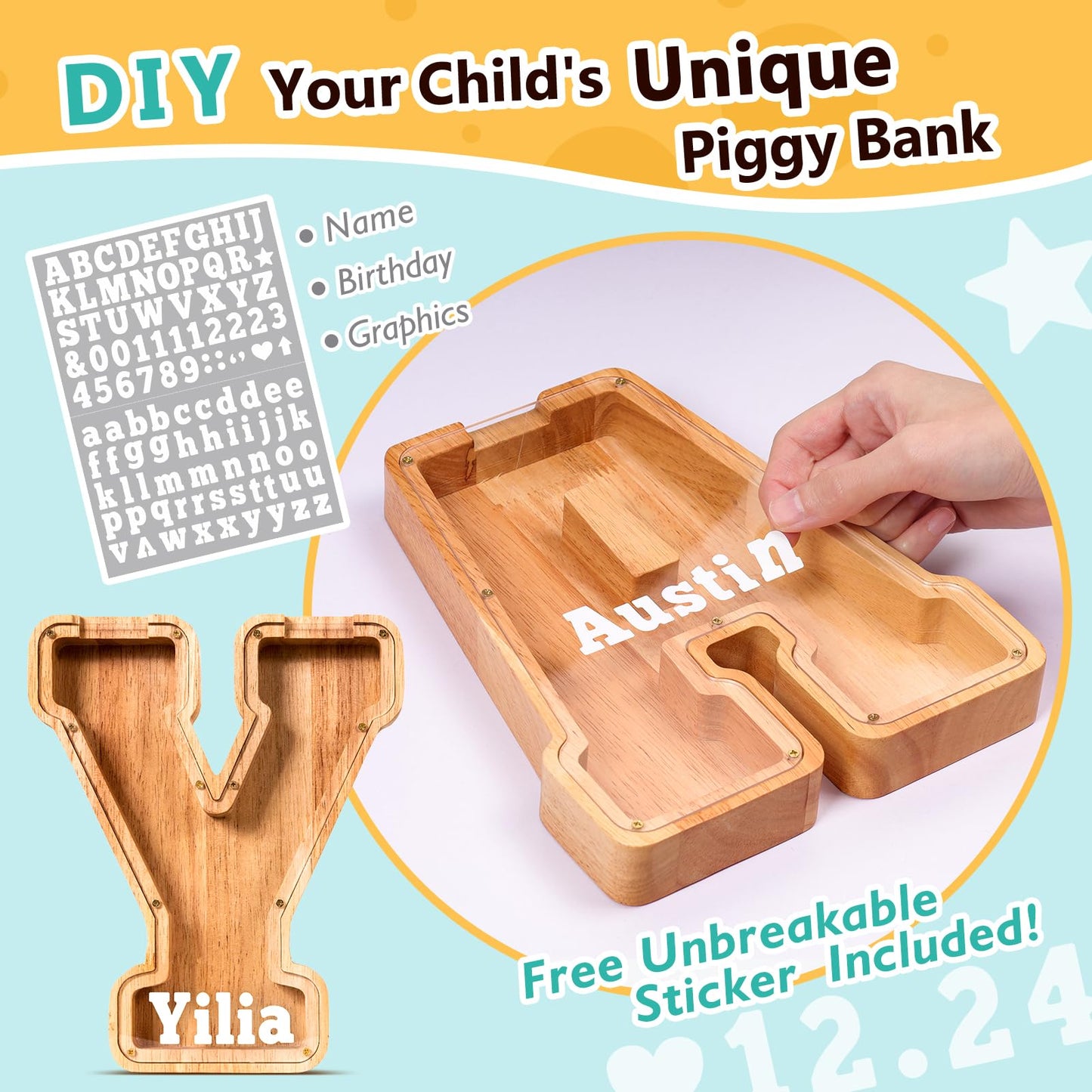 SummiDate Wooden Letter Piggy Bank| Piggy Bank for Boys Girls Toddler| Alphabet Y Money Bank| Coin Bank Birthday Gift for Kids|Birthday Gift for Kids (Y)