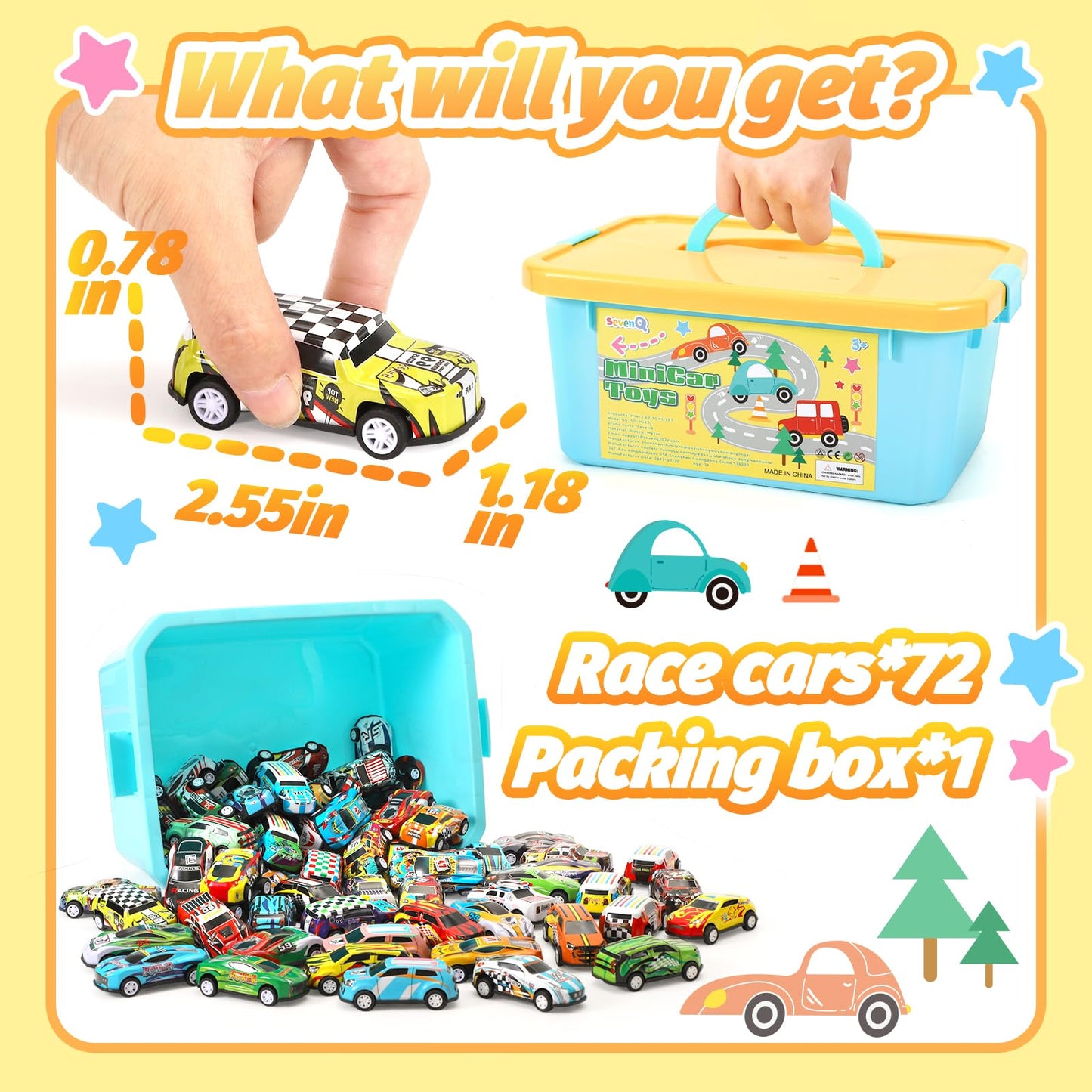 SevenQ Toy Cars Party Favors for Kids, 72Pcs Pull Back Cars Playsets with Storage Box, Mini Toys Race Cars for Kids Goodie Bags