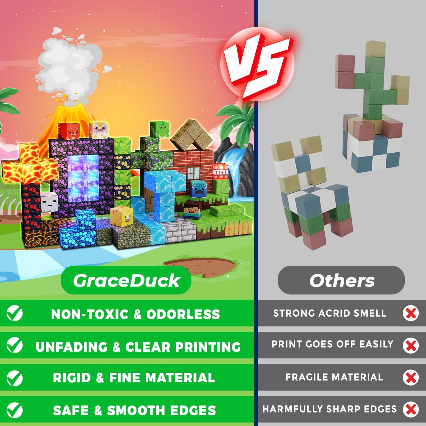 GraceDuck Magnetic Blocks Set - 150 PCS Dinosaur Volcano Forest - Light Up, 8.3"x8.3"x1.2", Multicolor, STEM Toy for Kids 3+