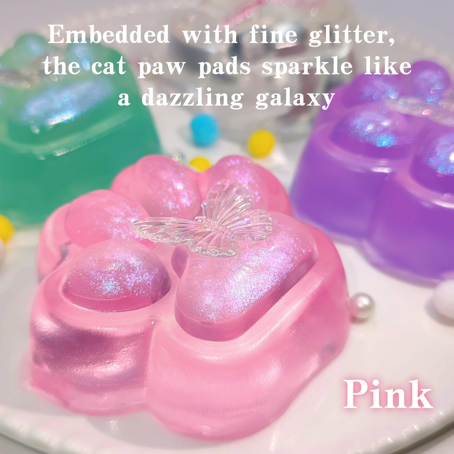 2.76 Inch 4Pcs Squishy Toys Cat Paw Handmade Squeeze, Vibrant Glitter Transparent Cat Paws, Cute Soft Squishys For Stress Relief