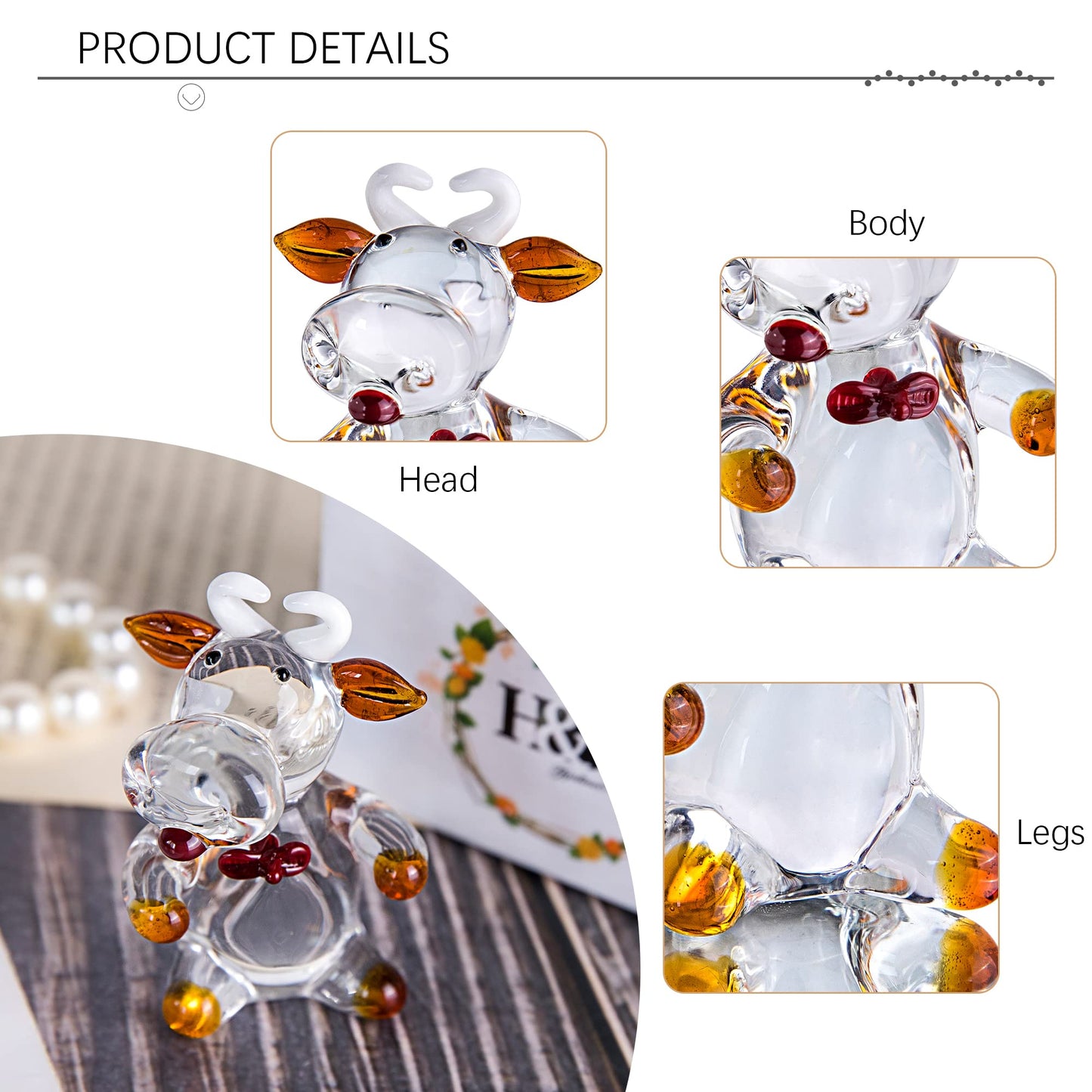 Qfkris Mini Cow Sculpture Hand Blown Glass Animal Art Farm Figurine Animals Miniature Collectible Decor (Blown)
