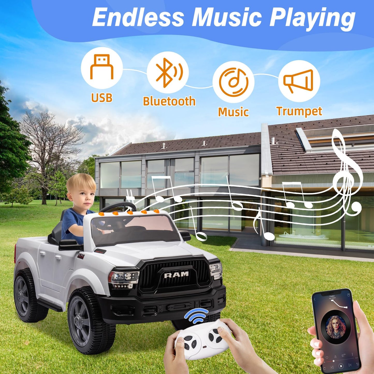12V Ride on Toys for Kids 4-8, Licensed Ram 2500, Electric Car for Kids, with Remote Control, LED Light/Music/MP3, Back Storage