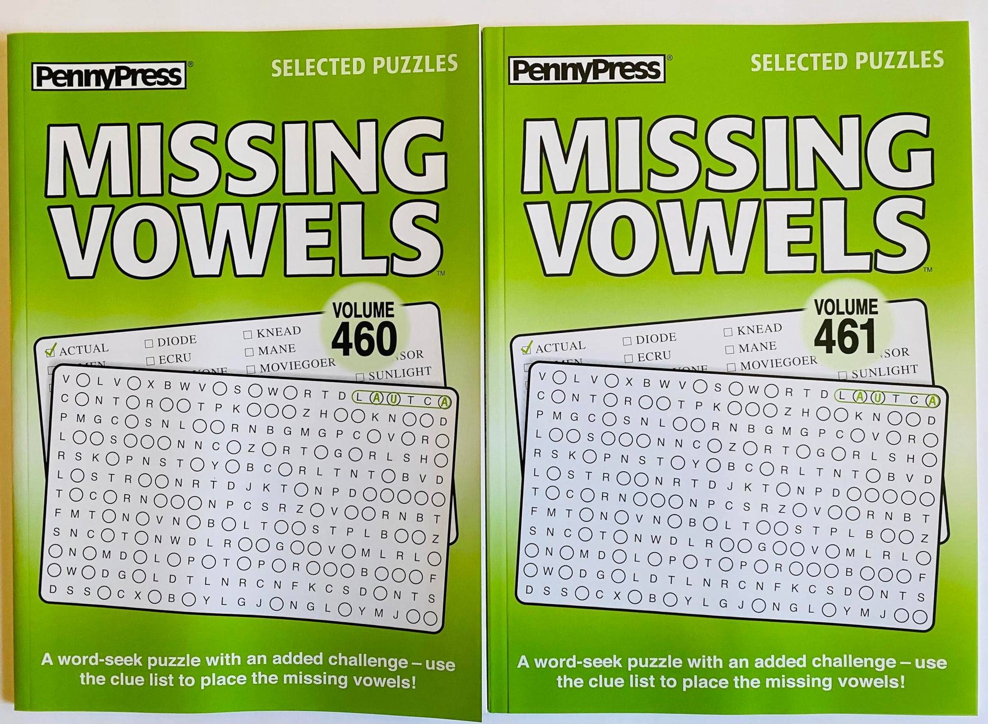 Volume Numbers 460 and 461 of Penny Press Missing Vowels Word Search Seek Circle Find Books. Selected Puzzles