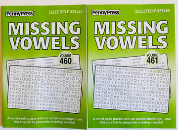 Volume Numbers 460 and 461 of Penny Press Missing Vowels Word Search Seek Circle Find Books. Selected Puzzles