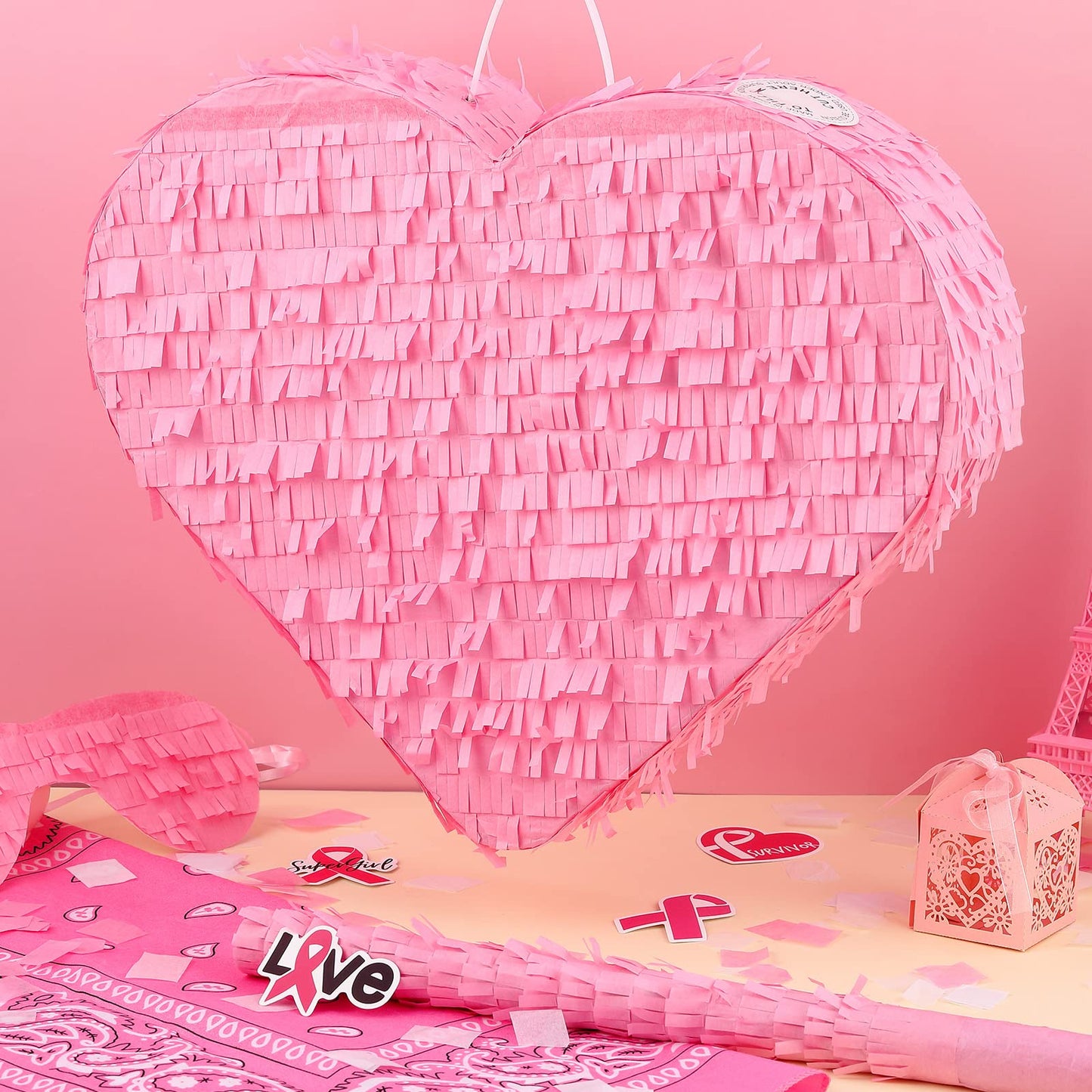 Deekin Pink Heart Shaped Piata Valentines Day Small Piata with Stick Blindfold for Girls Boys Love Birthday Baby Shower Wedding