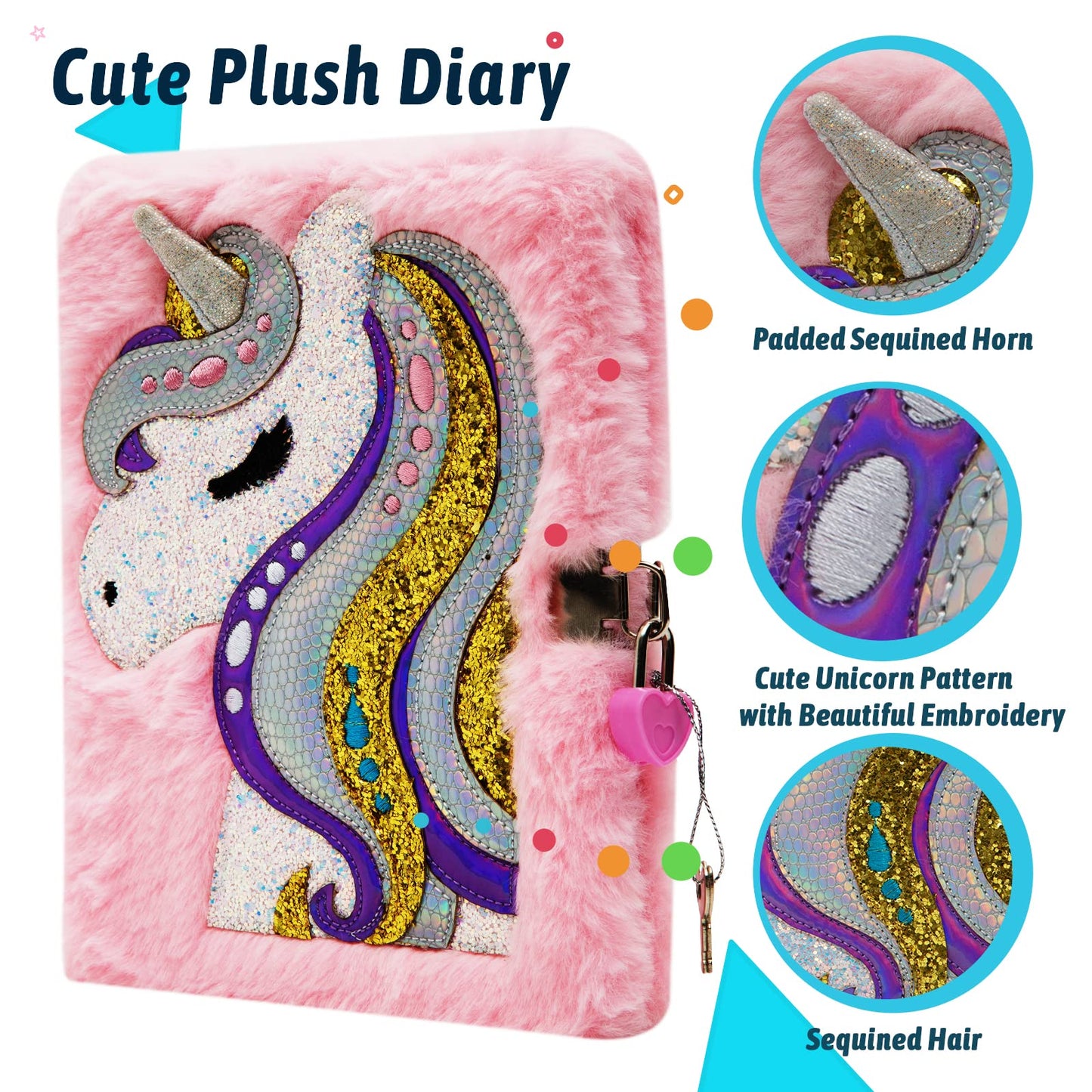 SuperStyle Unicorn Diary with Lock - Plush Journal for 6-8 Year Old Girls, Cute Secret Writing Gift, Model SZL00, Fuzzy Color