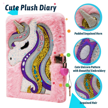 SuperStyle Unicorn Diary with Lock - Plush Journal for 6-8 Year Old Girls, Cute Secret Writing Gift, Model SZL00, Fuzzy Color