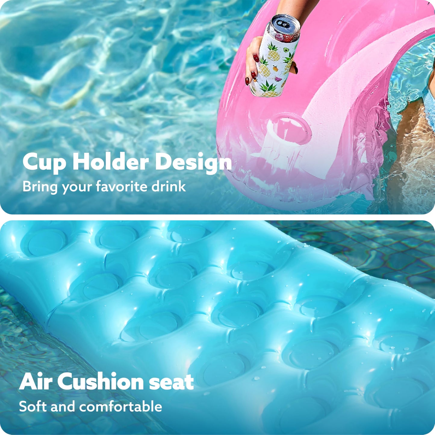 SLOOSH Inflatable Pool Floats mature-themed 2 Pack Pool Chairs with Cup Holders Pure Blow up Floats Chair Hck Noodle Mat for Relaxing Summer Water Fun Swimming Party Beach Blue Pink