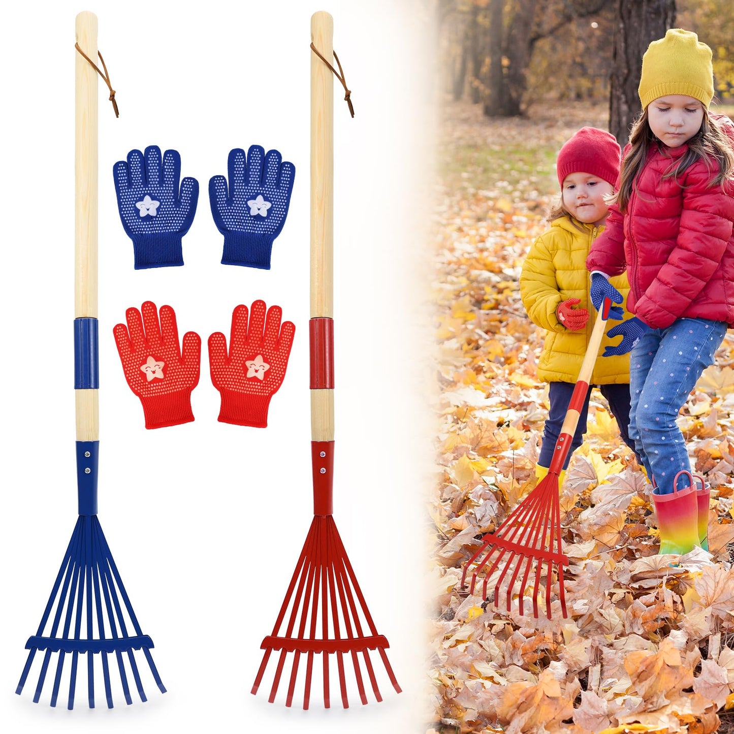 Nng 2 Pcs 27'' Metal Kids Leaves Rakes And 2 Pcs Kids Gloves,Small Kids Lawn Rakes With Wooden Handle,Garden Tool Set For Kids B