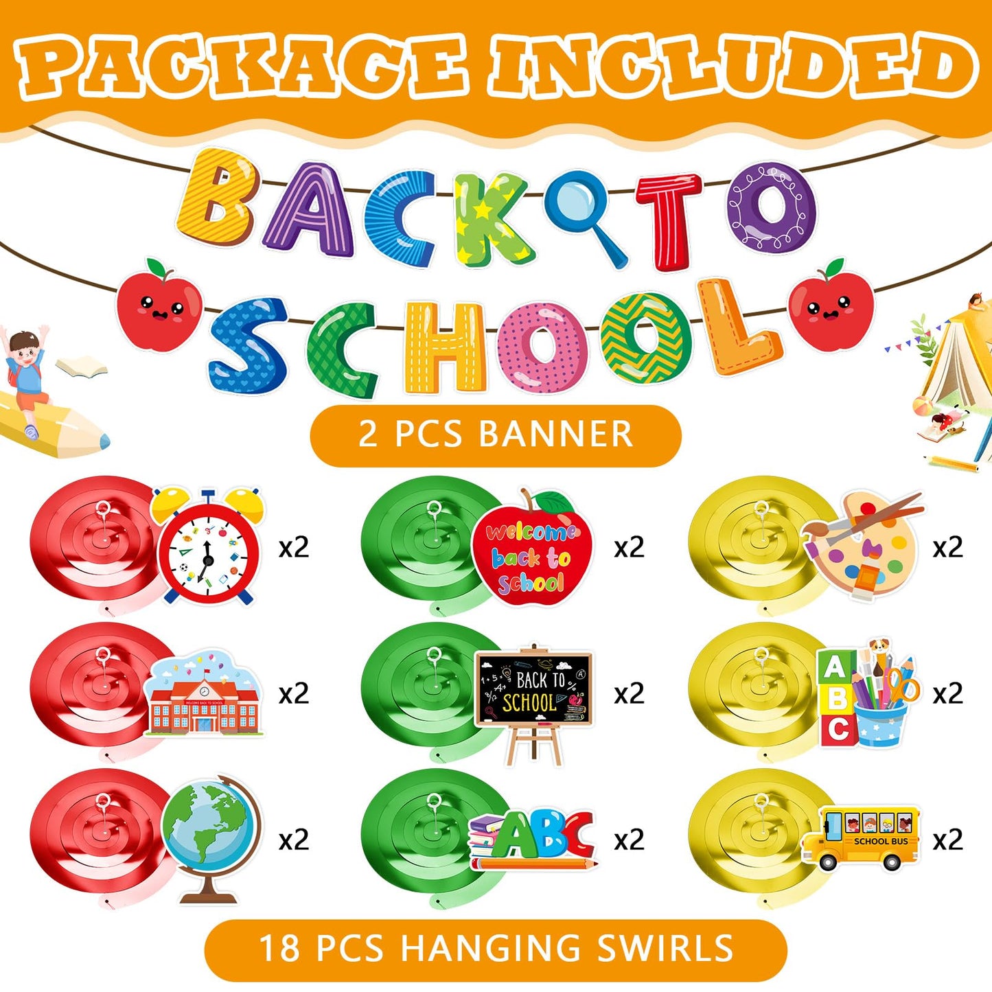DTOFOOT Back to School Decorations, Welcome Back to School Banner and NO-DIY Hanging Swirls Foil Ceiling Streamers First Day of