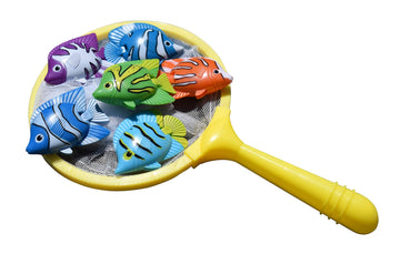 Swimline Fish Catch Game Dive Toys 6-Pack With Fishing Net Weighted Catch And Retrieval Game For Swimming Pool & Bath Tub For Kids Multi Color Rings Underwater Dive Practice Education Learn