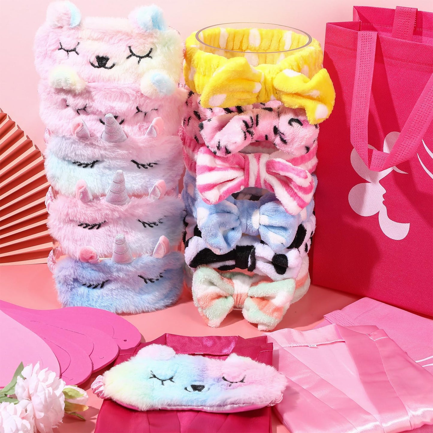 Shihanee 30 Pcs Spa Party Supplies For Girls, 6 Satin Robe 6 Kids Slippers Sleepover Birthday Spa Party Favors (1 Rose Red, 5 Pi