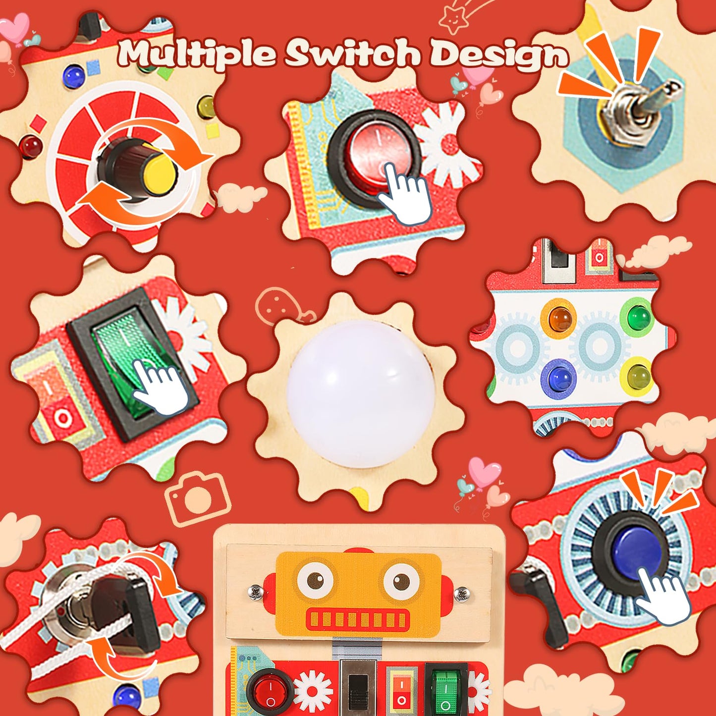 Asweets Montessori Wooden Busy Board Toy for Toddler, Red Robot Sensory Board with 8 LED Shape Light Switches, Travel & Gift Toy