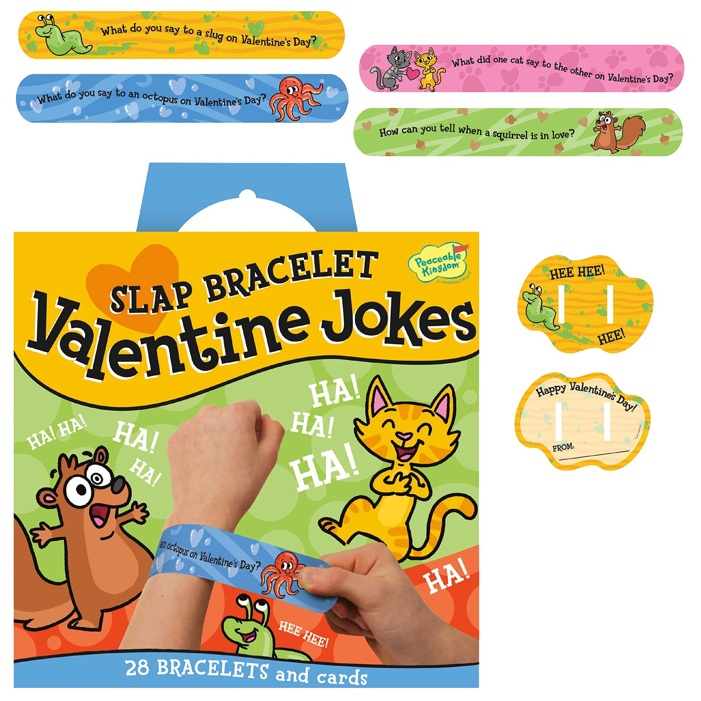 Peaceable Kingdom Valentines Cards for Kids Classroom, Set of 28 Valentines Day Gifts - Jokes Slap Bracelets