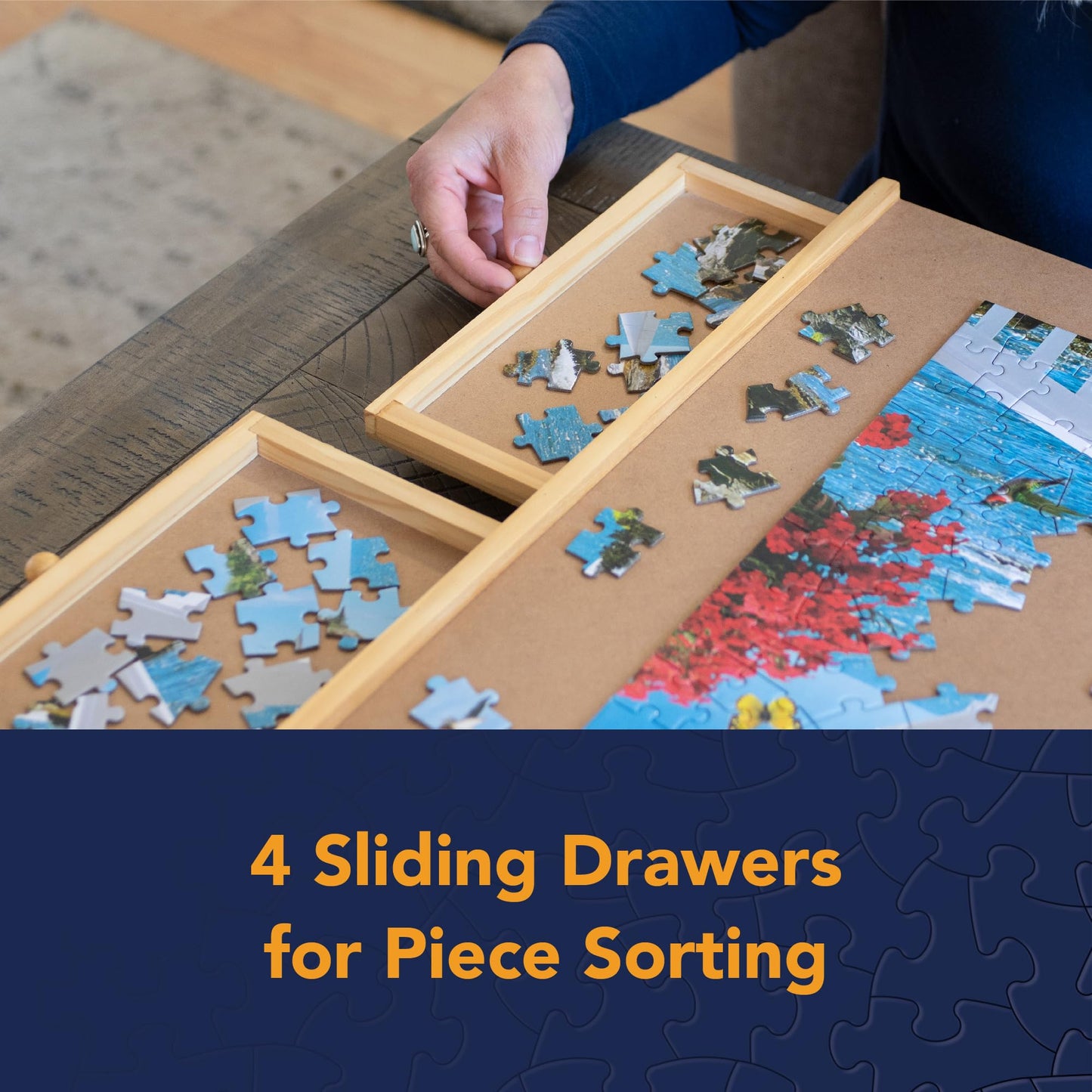 Bits and Pieces 1500 Piece Wooden Puzzle Board with Drawers – 26"x35" Non-Slip Table Organizer, Model 47272