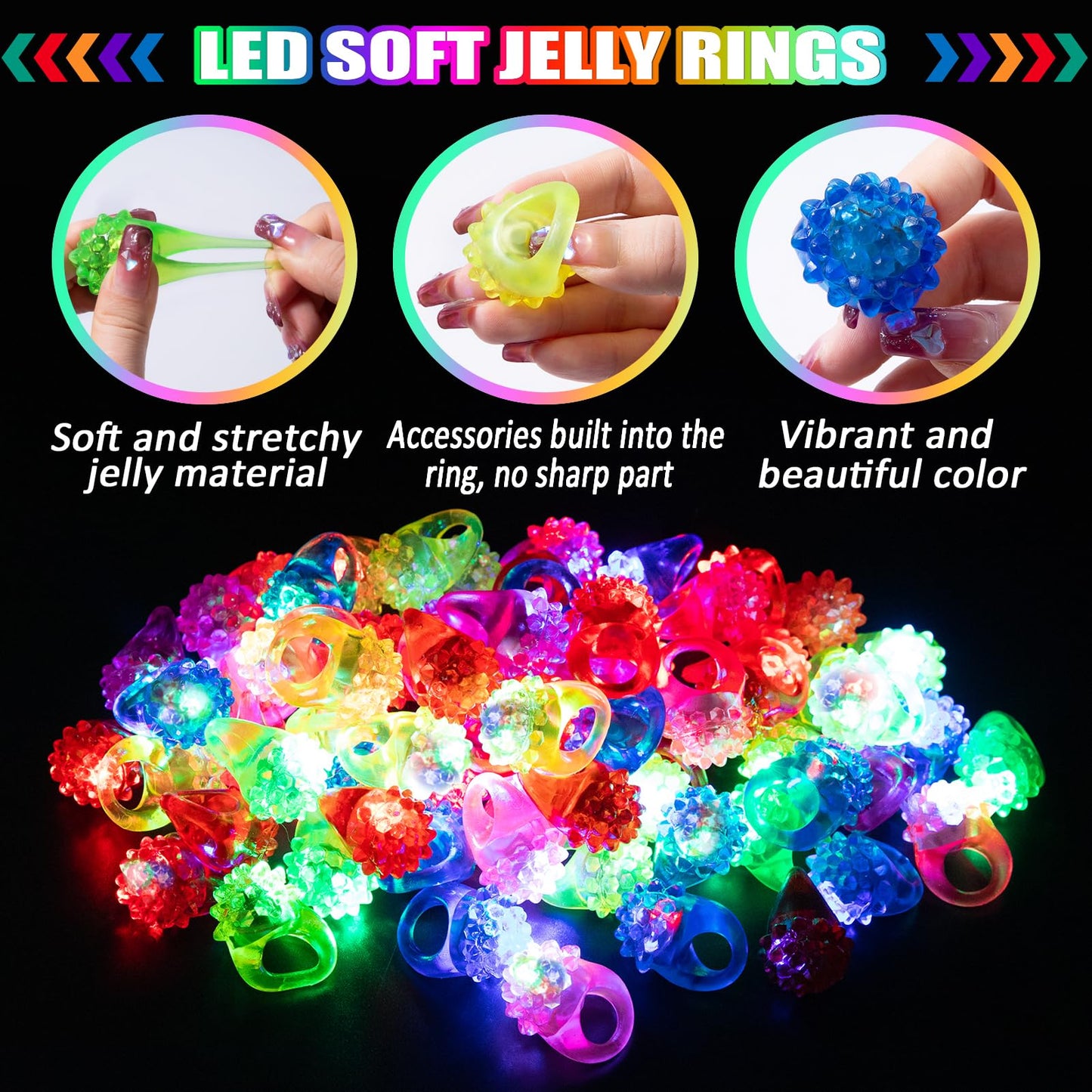 108 Pcs LED Light Up Ring - Colorful Flashing Bumpy Rings Finger Toys Novelty Glow in the Dark Soft Jelly Blinking Rings Party F