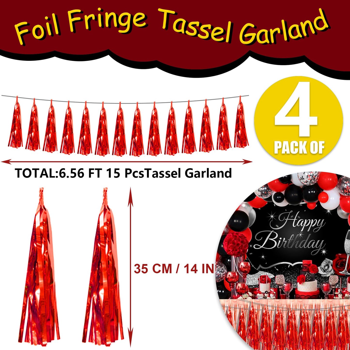 4P Red Foil Fringe Tassel Banner Garland Metallic Tinsel Streamers Wall Hanging Curtain Backdrop Banner for Parade Floats, 2024