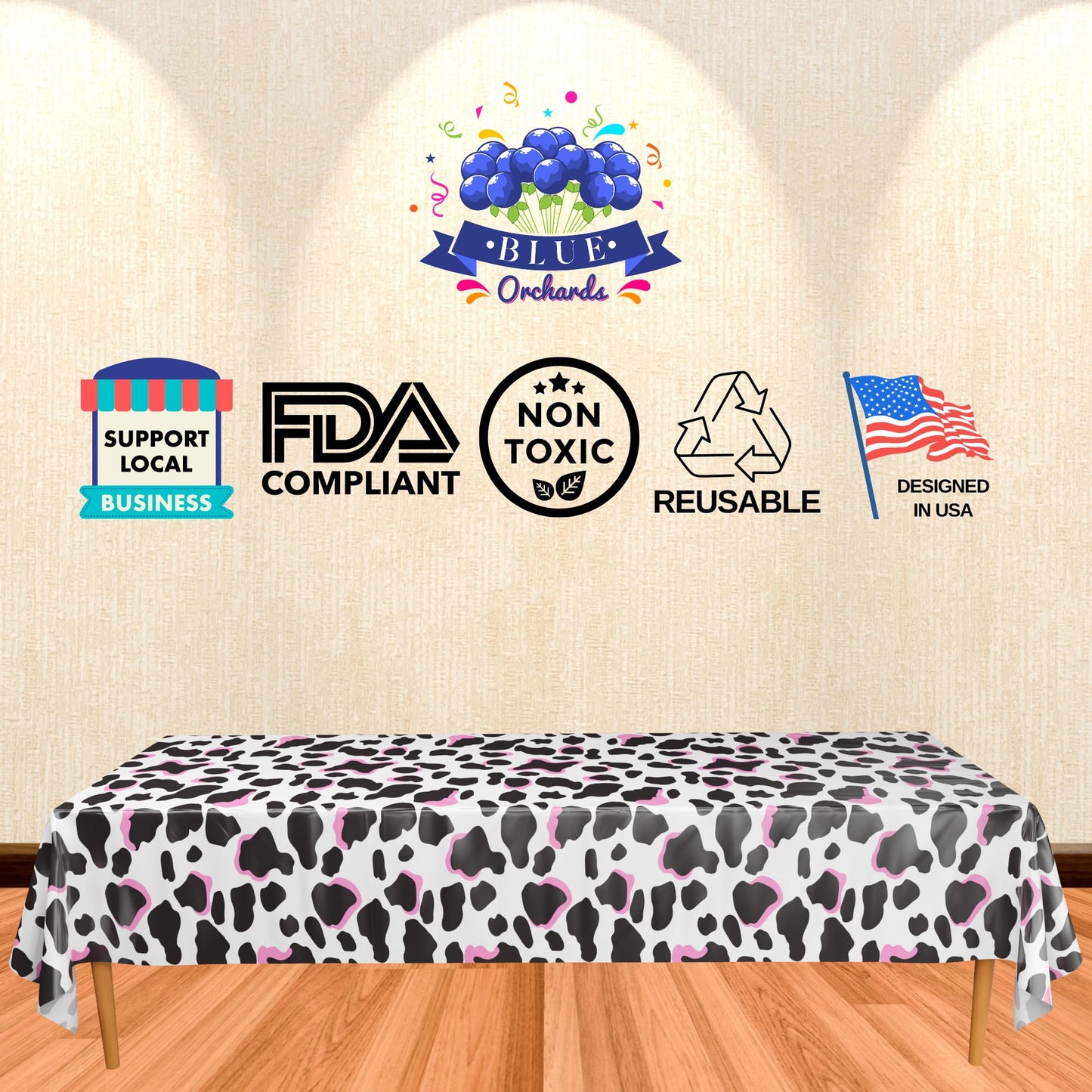 Blue Orchards Cow Print Table Covers (Pack Of 3) - 54'X108' Xl - Cow Birthday Party Decorations, Farm Cow Print Party Supplies, Cow Print Table Cloth, Farm Table Cover, Cow Baby Shower Decorations