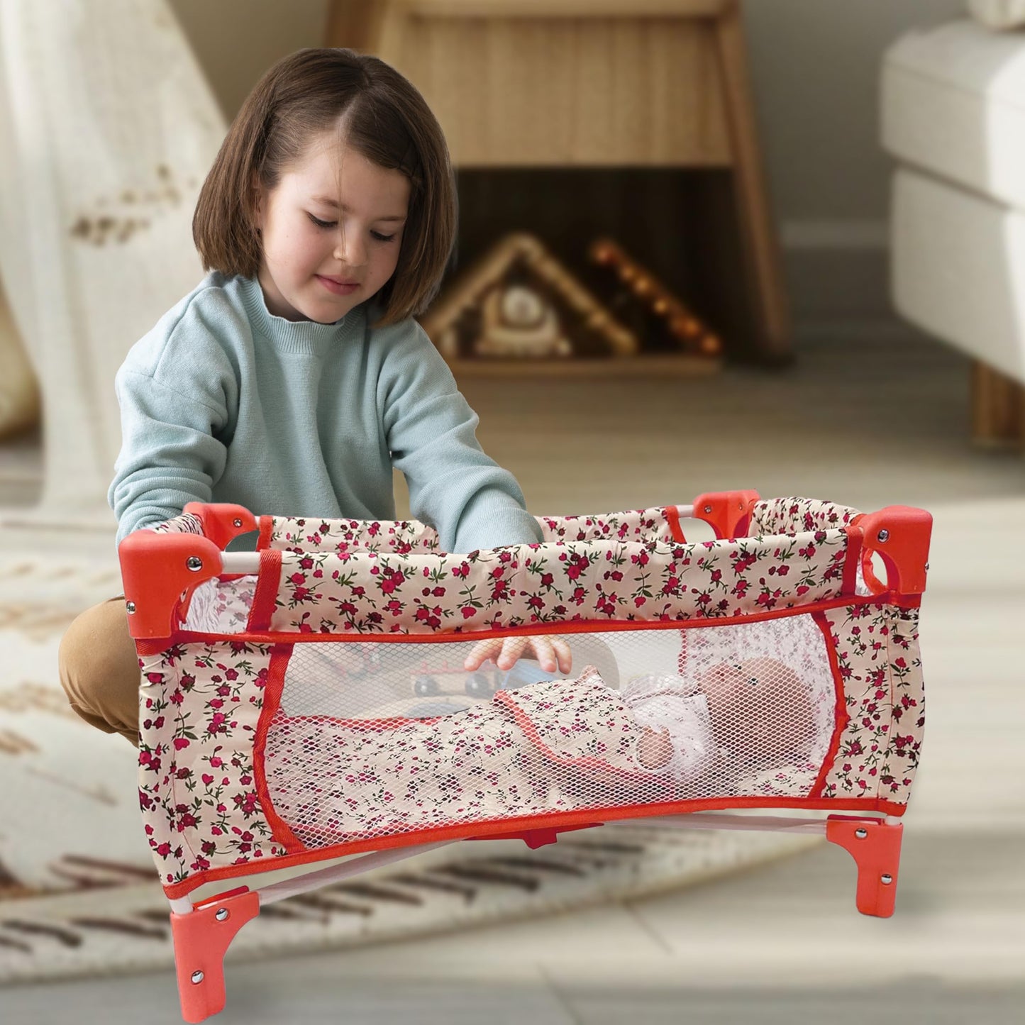 The New York Doll Collection Baby Crib Set For Little Girls, Play Bed, Pack And Beds 18 Inch Dolls, Toy Doll, (Floral)