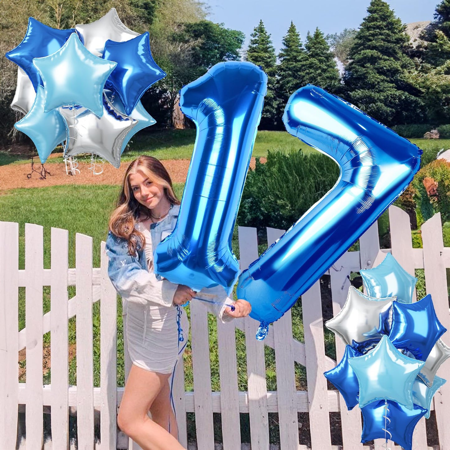 Big Foil 17 Balloon, 40 Inch Dark Teal Blue Self Inflating Number 17 Balloons For Boys 17Th Birthday, Silver Light Royal Blue Gl