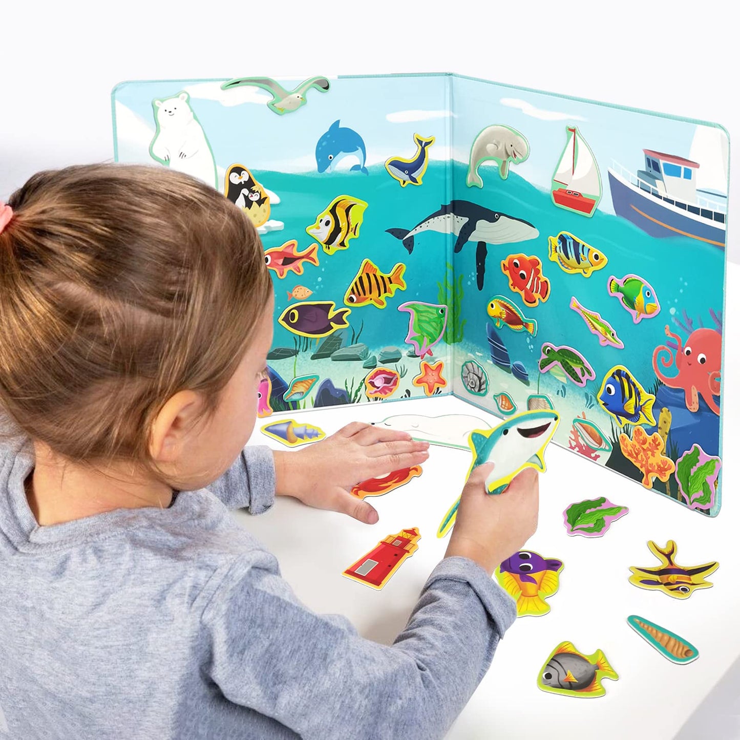 Ocean Animals Fridge Magnets For Kids, 50 Pcs Refrigerator Magnets For Toddlers, Create A Scene Magnetic Play Sticker Book Travel Game Educational Toys For Kids (Ocean)