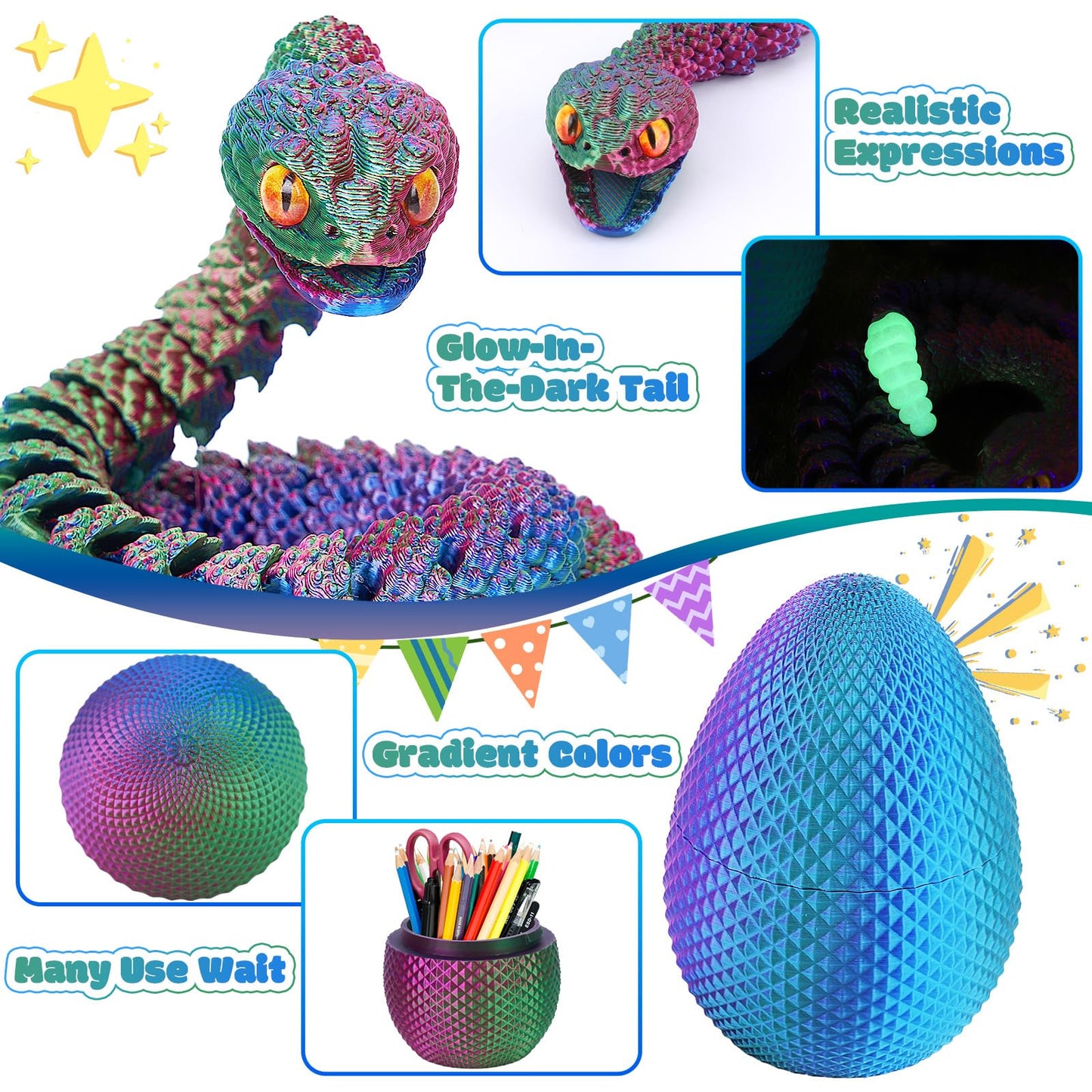 Tboline 3D Printed Snake Eggs, 21In 3D Print Flexible Articulated Animal Fidget Toys Pet Snake For Kids Teen Boy, Easter Egg Bas