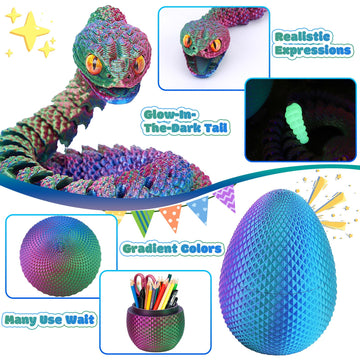 Tboline 3D Printed Snake Eggs, 21In 3D Print Flexible Articulated Animal Fidget Toys Pet Snake For Kids Teen Boy, Easter Egg Bas