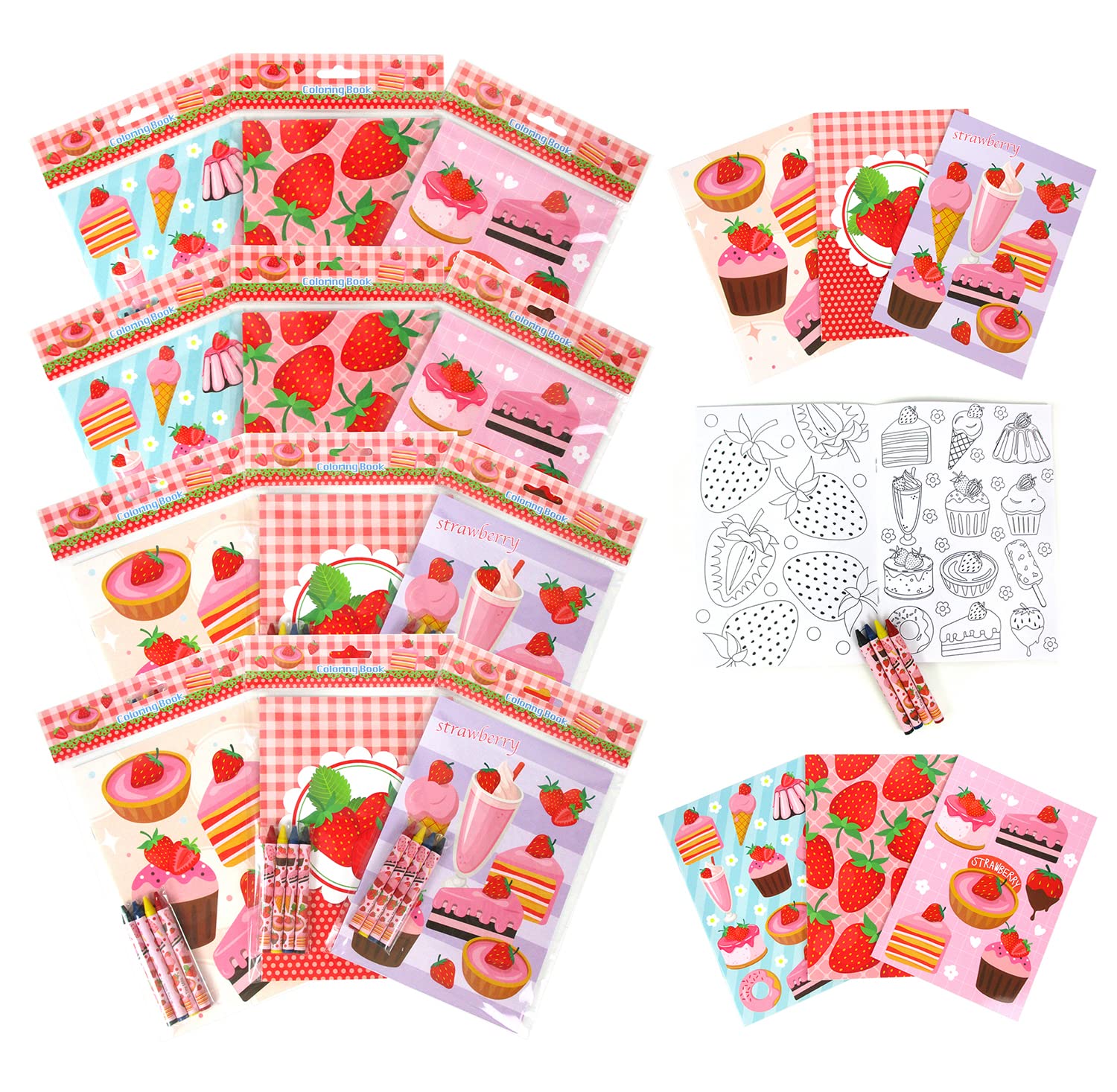 TINYMILLS Strawberry Coloring Book Set with 12 Coloring Books and 48 Crayons Strawberry Birthday Party Supplies Favor Bag Filler